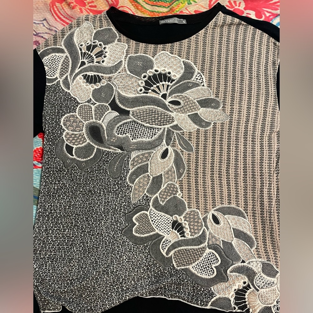 Zara long sleeve shirt with beige and neutral pattern front